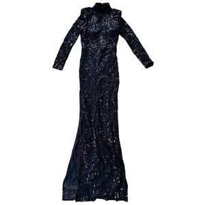 NWT Miss Ord Mock Neck Split Thigh Black Sequin Evening Gown Small
